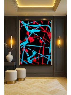 Wallivo Canlı Kırmızı ve Camgöbeği Boya Sıçramaları Soyut Bronz Metal Çerçeveli Kanvas Tablo