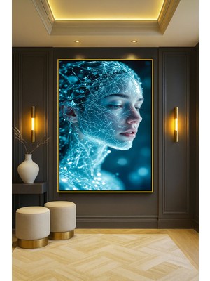 Wallivo Parlayan Mavi Dijital Sinir Ağından Oluşan Fütüristik Kadın Yüzü Gümüş Metal Çerçeveli Kanvas Tablo