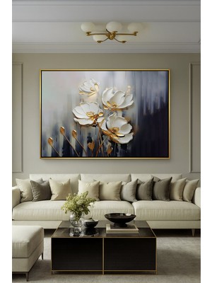 Wallivo Beyaz Kabartma Dokulu Çiçek Motifi - Zarif Gold Metal Çerçeveli Kanvas Tablo