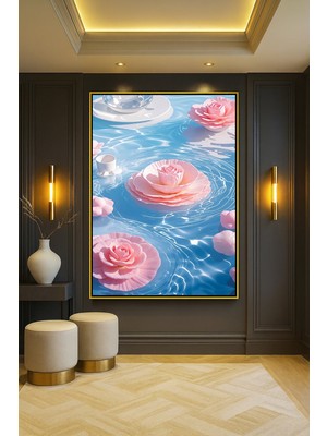 Wallivo Nehirde Çiçek Açan Pembe Nilüferler Siyah Metal Çerçeveli Kanvas Tablo