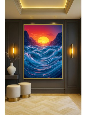 Wallivo Dev Dalgalar Arasında Güneş Batarken Gold Metal Çerçeveli Kanvas Tablo