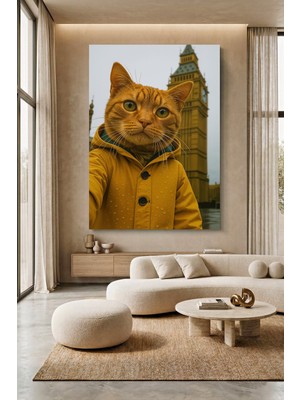 Wallivo Kedi Big Ben'i Ziyaret Ediyor - Londra Temalı Fantastik Kanvas Tablo