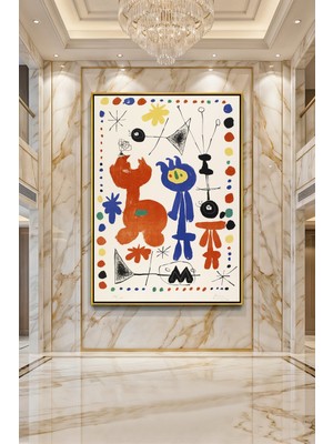 Wallivo Joan Miro Renkli Figürler ve Semboller Bronz Metal Çerçeveli Kanvas Tablo