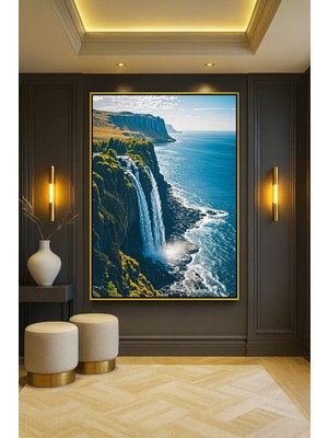 Wallivo Uçurumdan Denize Akan Şelale Gold Metal Çerçeveli Kanvas Tablo