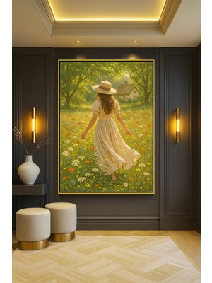Wallivo Çiçek Bahçesinde Gezinen Kız Gold Metal Çerçeveli Kanvas Tablo