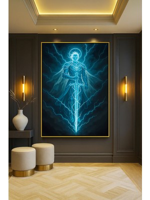 Wallivo Mavi Tenli Şimşek Savaşçısı Bronz Metal Çerçeveli Kanvas Tablo