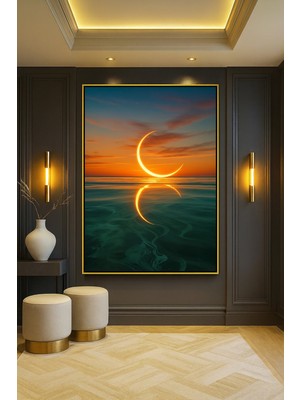 Wallivo Gün Batımında Denize Yansıyan Ay Gümüş Metal Çerçeveli Kanvas Tablo