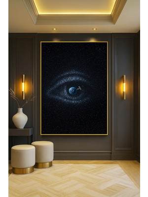 Wallivo Göz Şeklinde Yıldızlar Dünya Yörüngesinde Bronz Metal Çerçeveli Kanvas Tablo