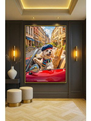 Wallivo Havalı Şapkasıyla Araba Süren Modern Köpek Bronz Metal Çerçeveli Kanvas Tablo
