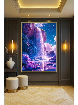Wallivo Yıldızlarla Akan Mor Şelale Mor Tonları Temalı Siyah Metal Çerçeveli Kanvas Tablo