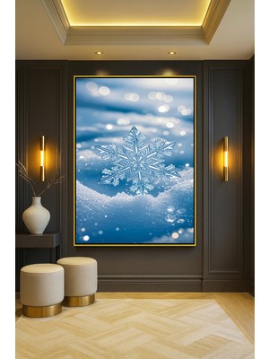 Wallivo Kara Düşen Büyük Kar Kristali Donmuş Tema Gümüş Metal Çerçeveli Kanvas Tablo