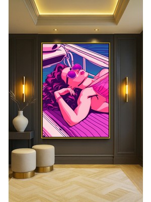 Wallivo Retrowave Vogue - Pop Art Güneşli Gün Güzellik Gümüş Metal Çerçeveli Kanvas Tablo