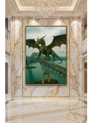 Wallivo Modern Köprünün Üzerindeki Efsanevi Yaratık Yeşil Ejderha Gümüş Metal Çerçeveli Kanvas Tablo