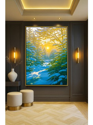 Wallivo Karla Kaplı Ormanda Süzülen Güneş Işığı Gold Metal Çerçeveli Kanvas Tablo