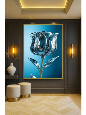 Wallivo Gümüş Gül ve Yaprakları Soluk Mavi Tonlar Model 1 Gümüş Metal Çerçeveli Kanvas Tablo