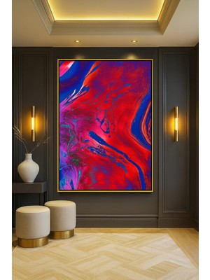 Wallivo Kırmızı ve Mavi Girdaplı Canlı Soyut Akışkan Sanat Tablo Gold Metal Çerçeveli Kanvas Tablo