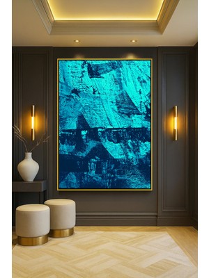 Wallivo Canlı Derin Turkuaz Tonlarında Dokusu Ağır Yakın Çekim Gümüş Metal Çerçeveli Kanvas Tablo