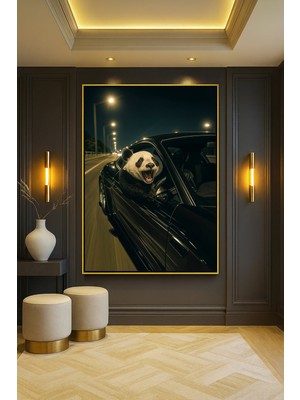 Wallivo Panda Şoför - Araba Kullanan Panda Sevimli Çocuk Odası Bronz Metal Çerçeveli Kanvas Tablo