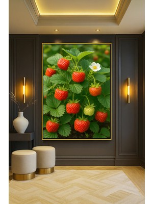 Wallivo Kare Çilekler - Geometrik Meyve Serisi Mutfak Dekoru Bronz Metal Çerçeveli Kanvas Tablo