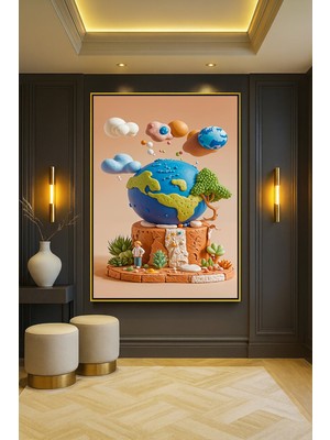 Wallivo Hamurdan Yapılmış Gezegen Sistemi Bronz Metal Çerçeveli Kanvas Tablo