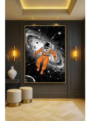 Wallivo Uzayda Sıkışmış Turuncu Uzay Giysili Astronot Siyah Metal Çerçeveli Kanvas Tablo