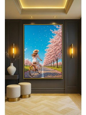 Wallivo Şapkalı Bisikletli Kızlı Yumuşak Pembe Ağaçlı Yol Gümüş Metal Çerçeveli Kanvas Tablo
