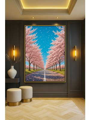 Wallivo Yumuşak Pembe Ağaçlarla Süslenmiş Yol Gold Metal Çerçeveli Kanvas Tablo