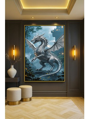 Wallivo Gümüş Kaplamalı Ejderha Karanlık Bronz Metal Çerçeveli Kanvas Tablo
