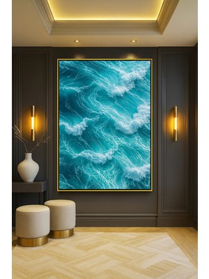 Wallivo Dev Dalgalar - Hokusai Tarzı Modern Okyanus Gold Metal Çerçeveli Kanvas Tablo