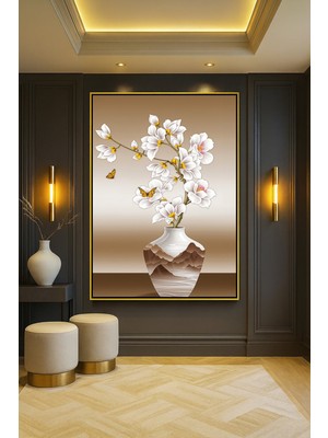 Wallivo Vintage Vazo Görünümlü Modern Sanat Gümüş Metal Çerçeveli Kanvas Tablo