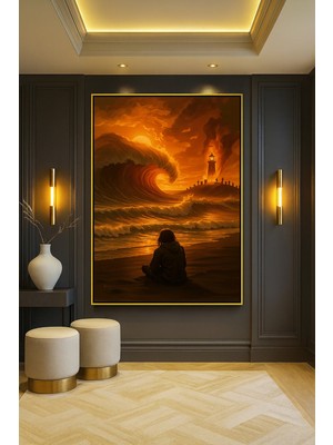 Wallivo Sahile Çarpan Dev Dalgaları Izleyen Kız Ateş Bronz Metal Çerçeveli Kanvas Tablo