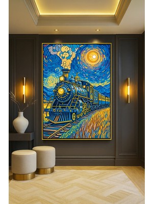 Wallivo Van Gogh Temalı Tren Gümüş Metal Çerçeveli Kanvas Tablo