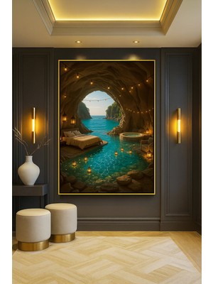 Wallivo Mağara Içinde Otel Odası ve Deniz Manzarası Model 2 Gold Metal Çerçeveli Kanvas Tablo