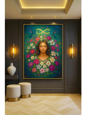 Wallivo Çiçeklere Sarılmış Kadın Temalı Siyah Metal Çerçeveli Kanvas Tablo