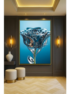 Wallivo Gümüş Gül ve Yaprakları Soluk Mavi Tonlar Model 2 Siyah Metal Çerçeveli Kanvas Tablo