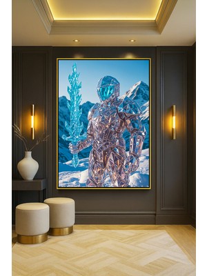 Wallivo Kristal Kılıç Tutan Parlayan Kristal Savaşçı Donmuş Tema Gümüş Metal Çerçeveli Kanvas Tablo