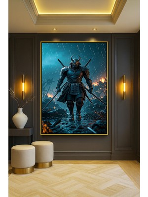 Wallivo Savaşın Galibi Parlayan Gözlü Samuray Gold Metal Çerçeveli Kanvas Tablo