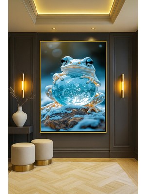 Wallivo Kar Küresi Üzerine Yaslanmış Kurbağa Kış Temalı Bronz Metal Çerçeveli Kanvas Tablo