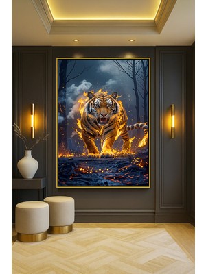 Wallivo Alevler Içinde Kaplan Evcil Hayvan Temalı Siyah Metal Çerçeveli Kanvas Tablo