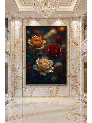 Wallivo Kırmızı, Sarı ve Beyaz Güllerin Ahengi Dekoratif Botanik Sanatı Siyah Metal Çerçeveli Kanvas Tablo