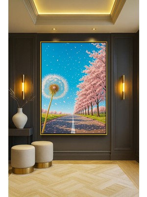 Wallivo Karahindiba Ile Yumuşak Pembe Ağaçlarla Süslü Yol Siyah Metal Çerçeveli Kanvas Tablo