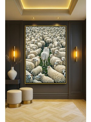 Wallivo Koyunlar Arasındaki Beyaz Kurt Gümüş Metal Çerçeveli Kanvas Tablo