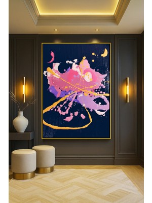 Wallivo Pembe, Sarı ve Mor Boya Sıçramalarıyla Etkileyici Soyut Gümüş Metal Çerçeveli Kanvas Tablo