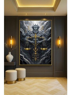 Wallivo Taş Gövde ve Altın Terazilerle Destansı Adalet Tanrısı Gümüş Metal Çerçeveli Kanvas Tablo