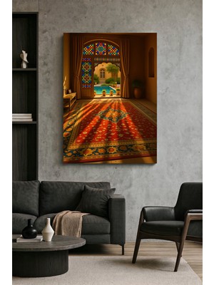 Wallivo Vitray Pencereli Saray Odası ve Kırmızı Oryantal Halı Havuz Manzaralı Mimari Kanvas Tablo
