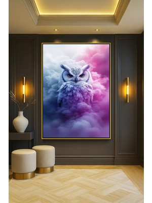 Wallivo Bulutlar Arasında Beyaz Baykuş Gümüş Metal Çerçeveli Kanvas Tablo