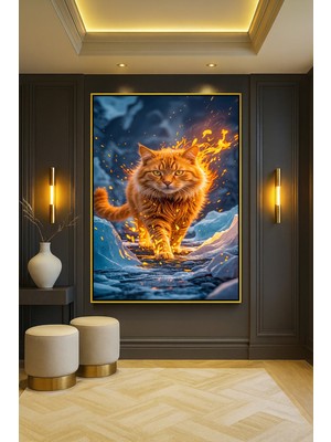 Wallivo Ateşe Sarılmış Turuncu Kedi Evcil Hayvan Temalı Gold Metal Çerçeveli Kanvas Tablo