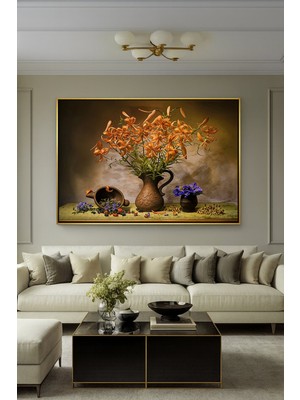Wallivo Eskitme Vazo Içinde Klasik Çiçekler - Vintage Görünümlü Bronz Metal Çerçeveli Kanvas Tablo