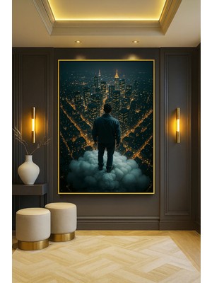 Wallivo Bulutların Üstünden Şehre Bakan Adam Gold Metal Çerçeveli Kanvas Tablo