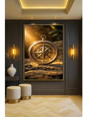 Wallivo Muhteşem Pusula Model 2 Gold Metal Çerçeveli Kanvas Tablo